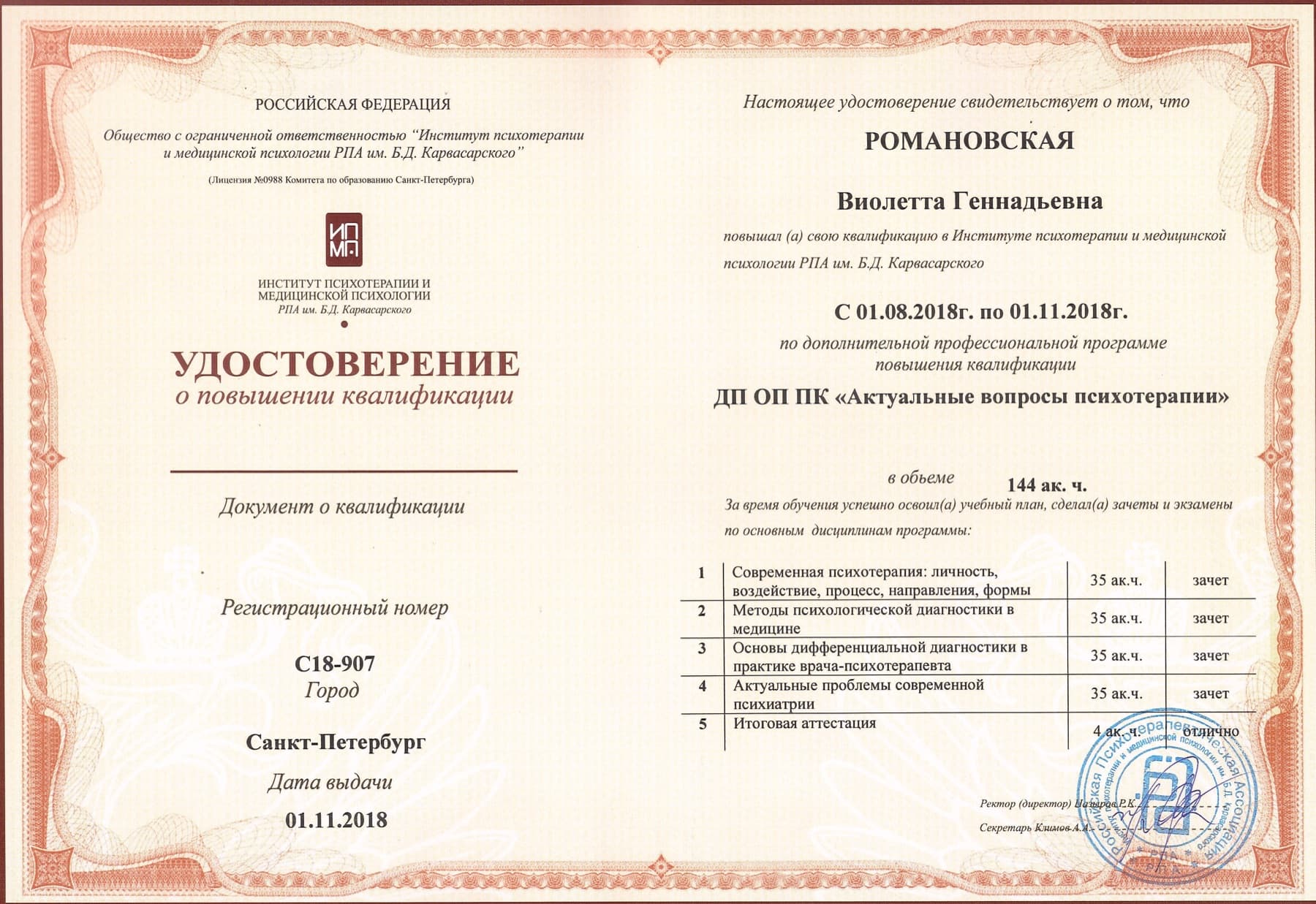Повышение квалификации: Актуальные вопросы психотерапии